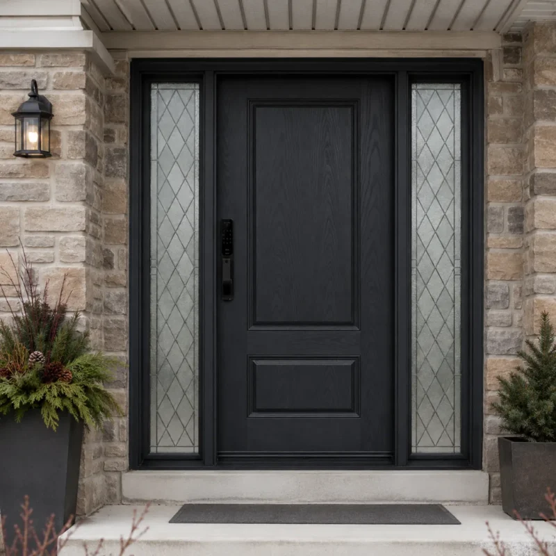 F5 fiberglass entry door with diamond glass sidelites installed on a Canadian home entrance
