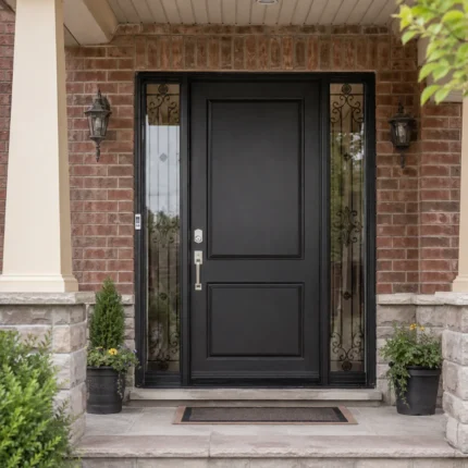 F1 fiberglass entry door with iron-style decorative sidelites installed on a Canadian home entrance