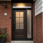 F18 fiberglass entry door with right sidelite and transom installed on a Canadian home entrance
