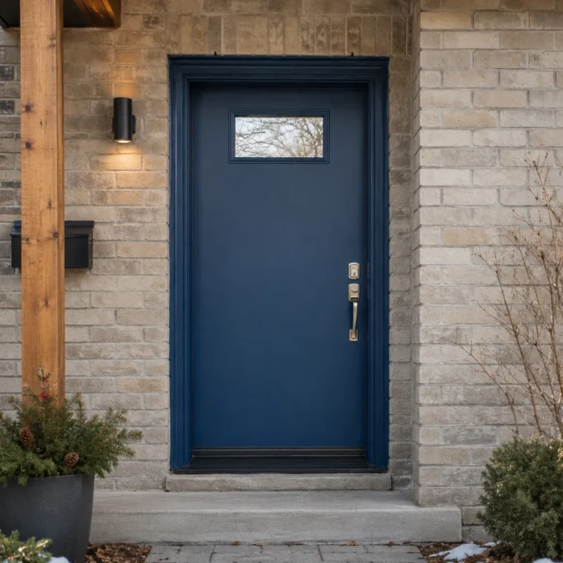 S61 steel entry door installed on a Canadian stone home entrance