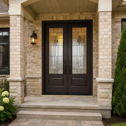 S58 steel double entry door installed on a Canadian stone home entrance