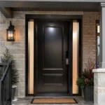 S57 steel entry door with privacy glass sidelites installed on a Canadian home entrance
