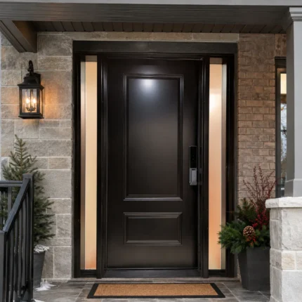 S57 steel entry door with privacy glass sidelites installed on a Canadian home entrance