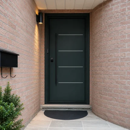 S56 steel entry door installed on a Canadian brick home entrance