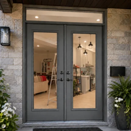 S54 steel double door installed on a Canadian home with clear glass panels
