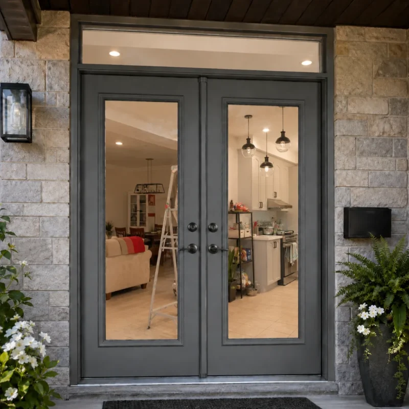 S54 steel double door installed on a Canadian home with clear glass panels