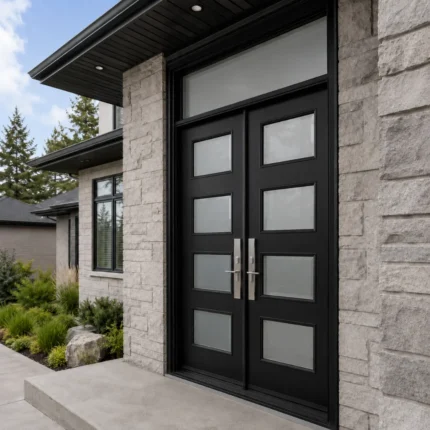 S51 steel double entry door installed on a Canadian modern stone home entrance