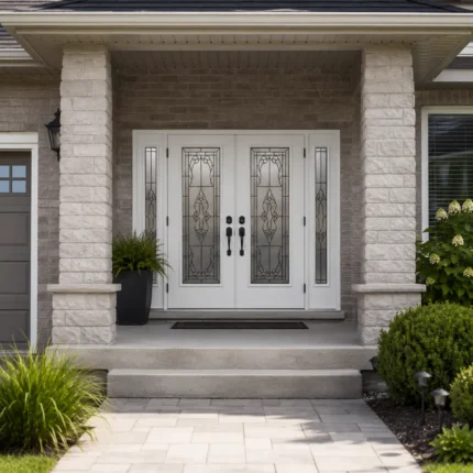 S49 steel double entry door installed on a Canadian stone home entrance
