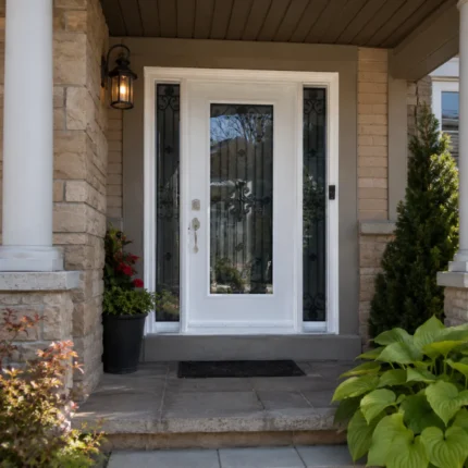 S47 steel entry door installed on a Canadian brick home entrance