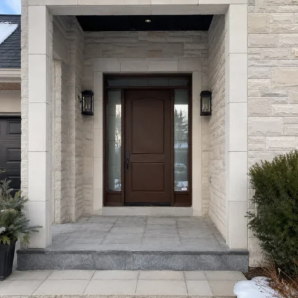 F15 fiberglass entry door with double sidelites installed on a Canadian home entrance