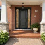 F14 fiberglass entry door with decorative sidelites installed on a Canadian home entrance