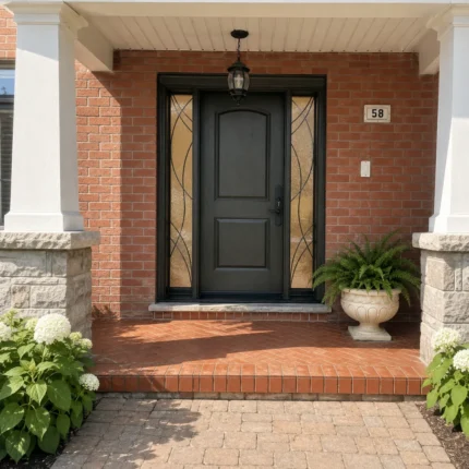 F14 fiberglass entry door with decorative sidelites installed on a Canadian home entrance