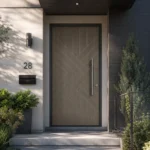 Custom grey wood grain fiberglass entry door with chevron pattern for Canadian home exterior
