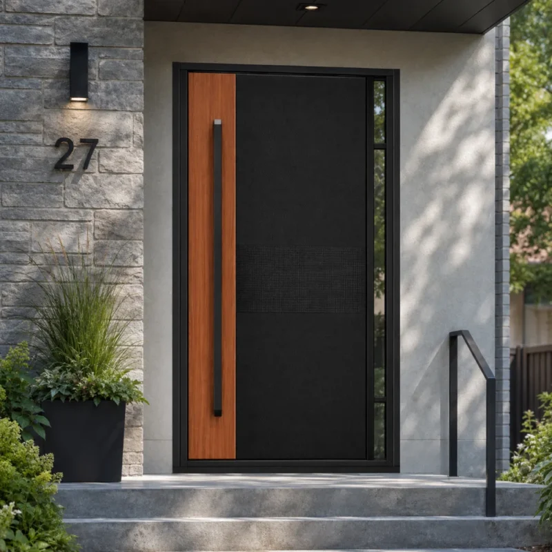 Custom fiberglass entry door with wood grain and black panel for Canadian home exterior
