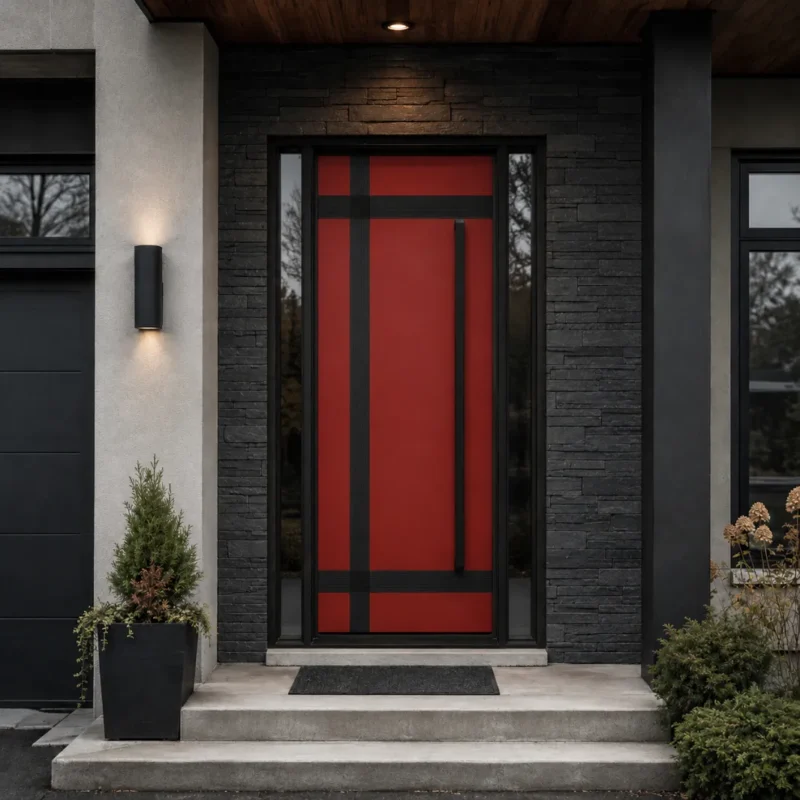 Custom red fiberglass entry door with black accents for Canadian home exterior
