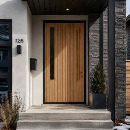 HFB06 luxury wood grain fiberglass front door installed on a modern Toronto home