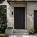 Custom black fiberglass entry door with vertical slat design for Canadian home exterior