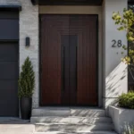 HFB01 Luxury Custom Fiberglass Double Entry Door with Dark Wood Grain & Modern Geometric Design - Image 2