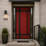 HFB03 Luxury Custom Fiberglass Entry Door with Red Panel & Black Geometric Accents - Image 3