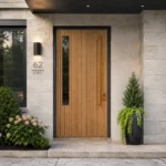 HFB05 luxury wood grain fiberglass front door installed on a modern Toronto home