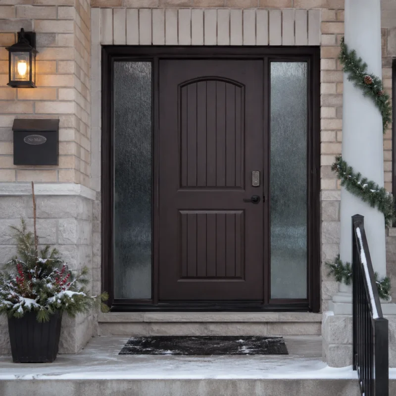 F21 fiberglass entry door with textured glass sidelites installed on a Canadian home entrance