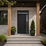 F24 fiberglass entry door with sidelite and transom installed on a Canadian home entrance