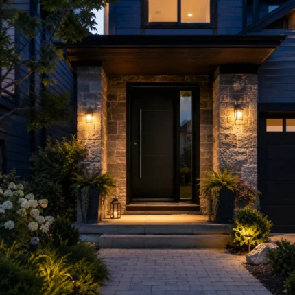 F23 fiberglass entry door with right sidelite installed on a Canadian home entrance