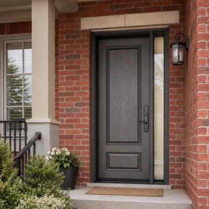 F26 fiberglass entry door with right sidelite installed on a Canadian home entrance