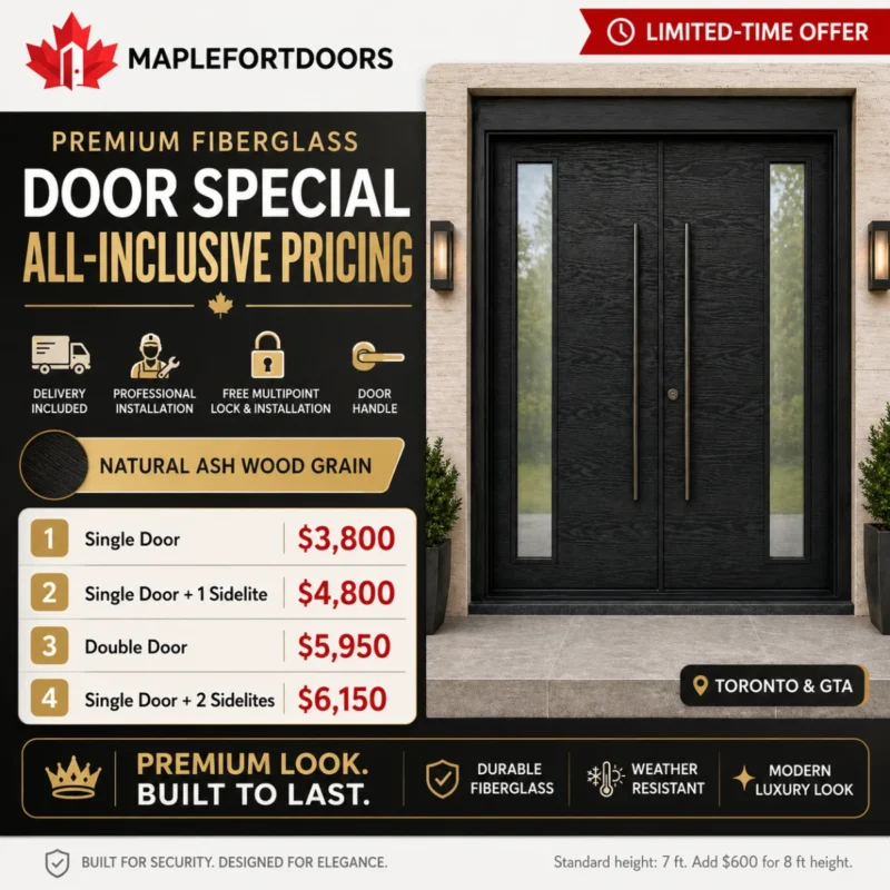 F24 ash grain fiberglass entry door special with all-inclusive pricing by MapleFort Doors