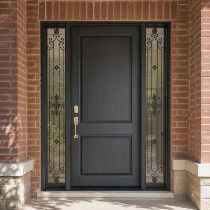F1-V1 fiberglass entry door installed home entrance scene