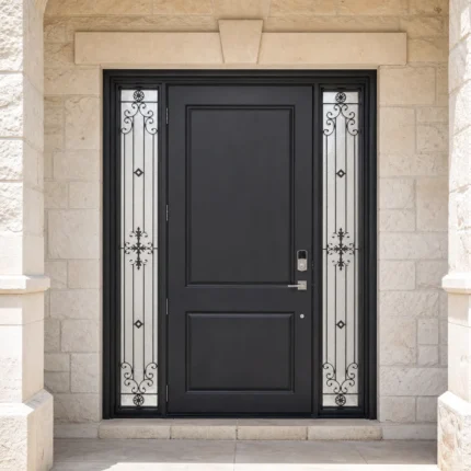 F1-V2 fiberglass entry door installed home entrance scene