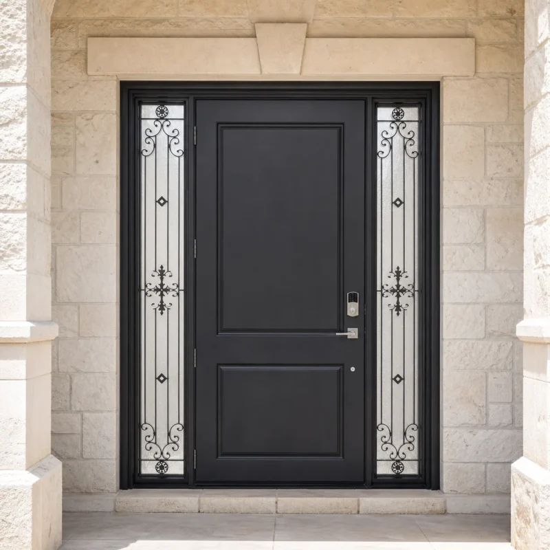 F1-V2 fiberglass entry door installed home entrance scene