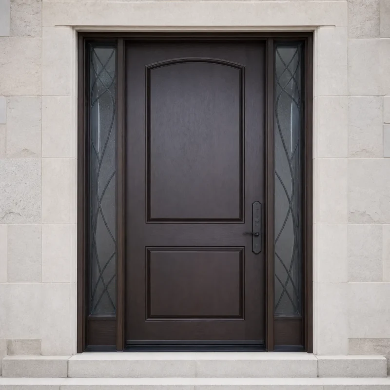F105-V1 fiberglass entry door installed home entrance scene
