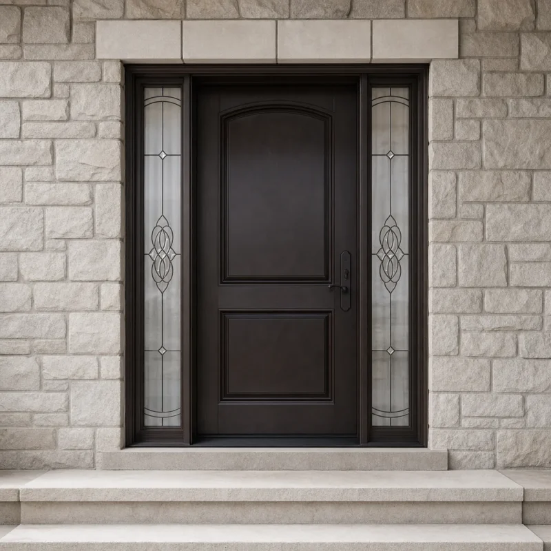F105-V2 fiberglass entry door installed home entrance scene