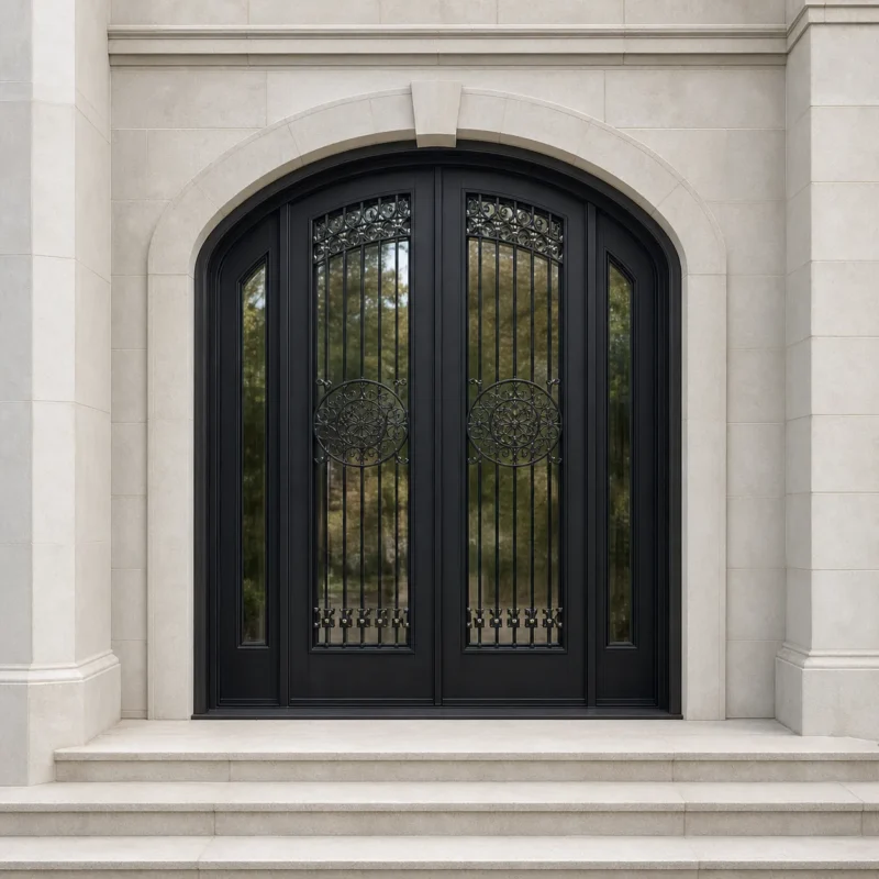 F106 fiberglass entry door installed home entrance scene