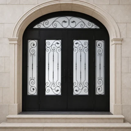 F107-V1 fiberglass entry door installed home entrance scene