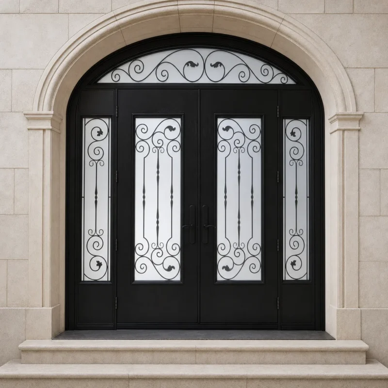 F107-V1 fiberglass entry door installed home entrance scene