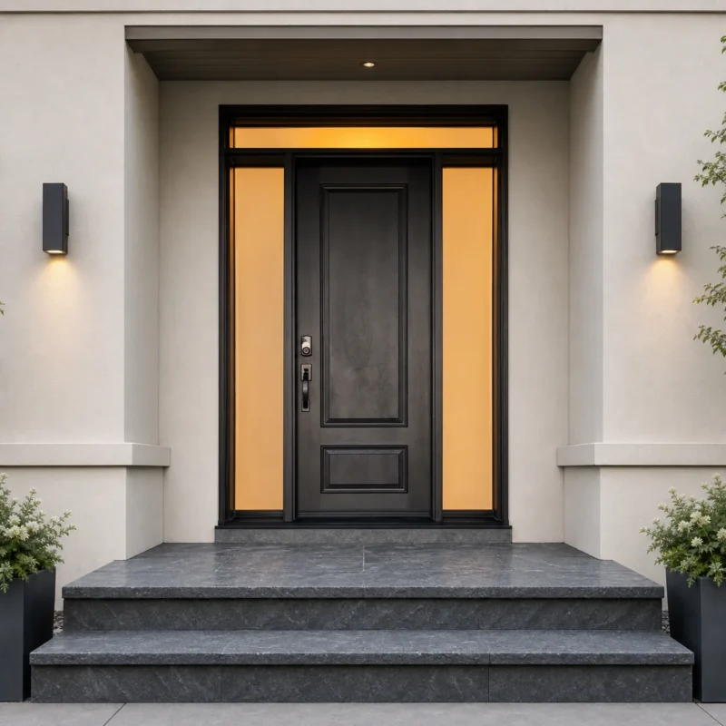 F111-V1 fiberglass entry door installed home entrance scene