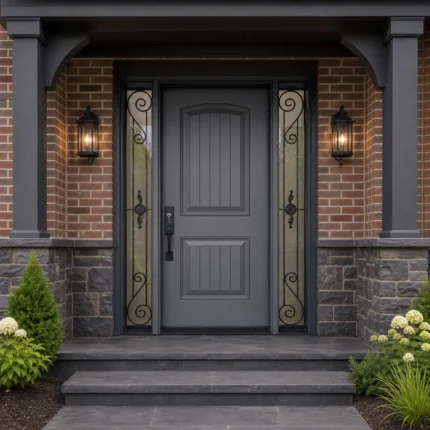 F112-V1 fiberglass entry door installed home entrance scene