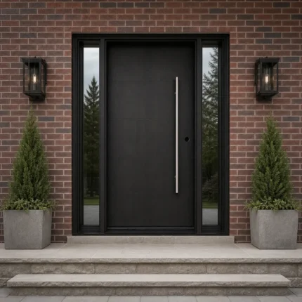 F118-V1 fiberglass entry door installed home entrance scene