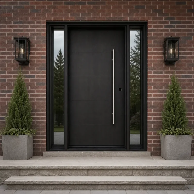 F118-V1 fiberglass entry door installed home entrance scene