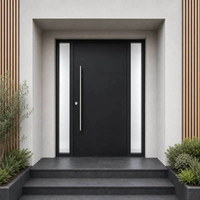 F118-V2 fiberglass entry door installed home entrance scene