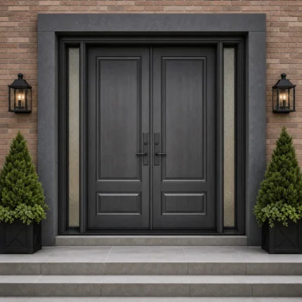 F121-V1 fiberglass entry door installed home entrance scene