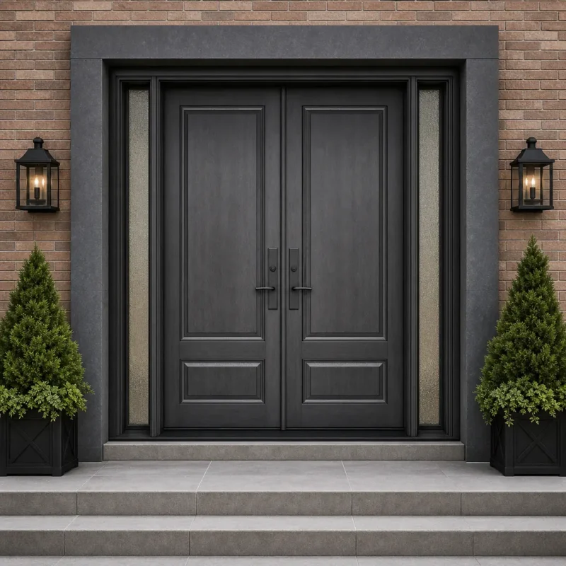 F121-V1 fiberglass entry door installed home entrance scene
