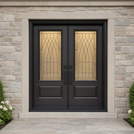 F122-V1 fiberglass entry door installed home entrance scene