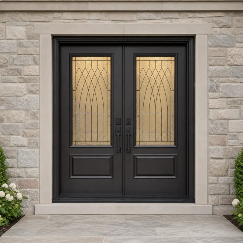 F122-V1 fiberglass entry door installed home entrance scene