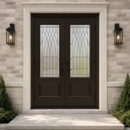 F122-V2 fiberglass entry door installed home entrance scene