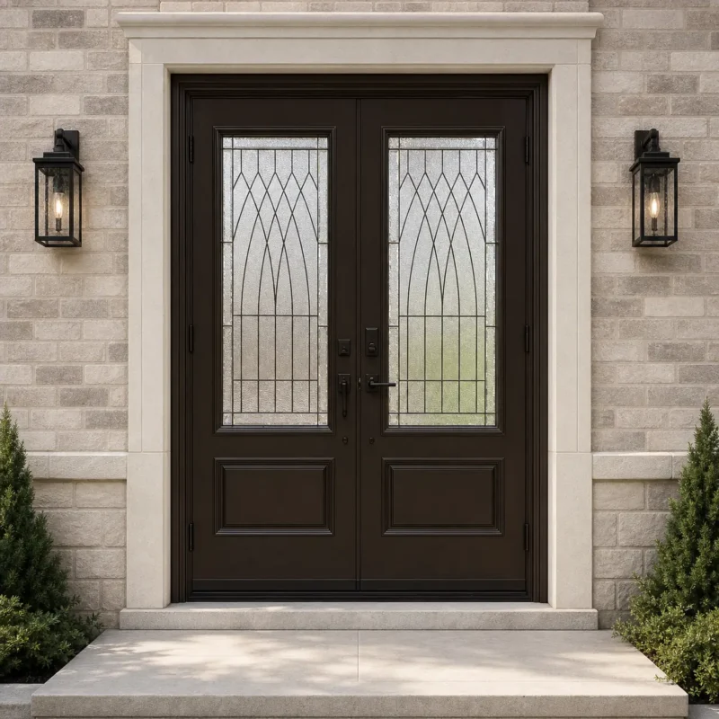 F122-V2 fiberglass entry door installed home entrance scene