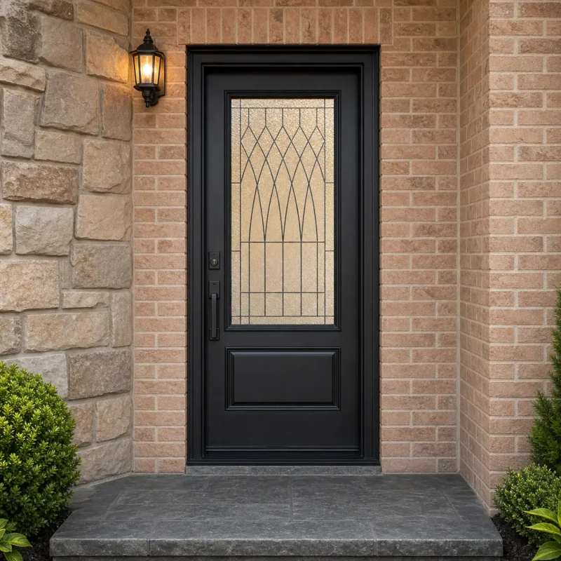 F123-V1 fiberglass entry door installed home entrance scene