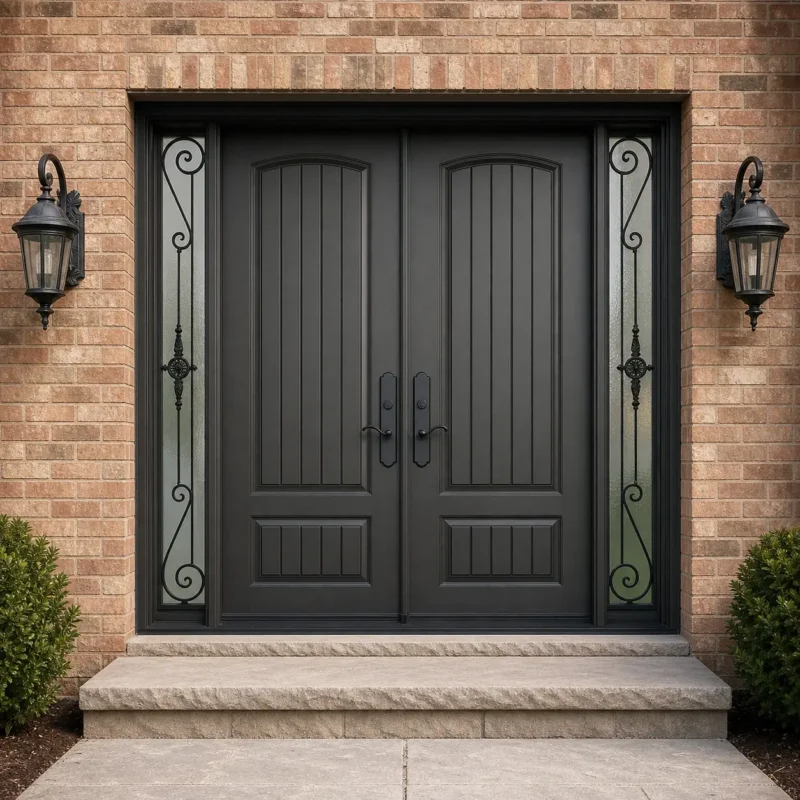 F123-V2 fiberglass entry door installed home entrance scene